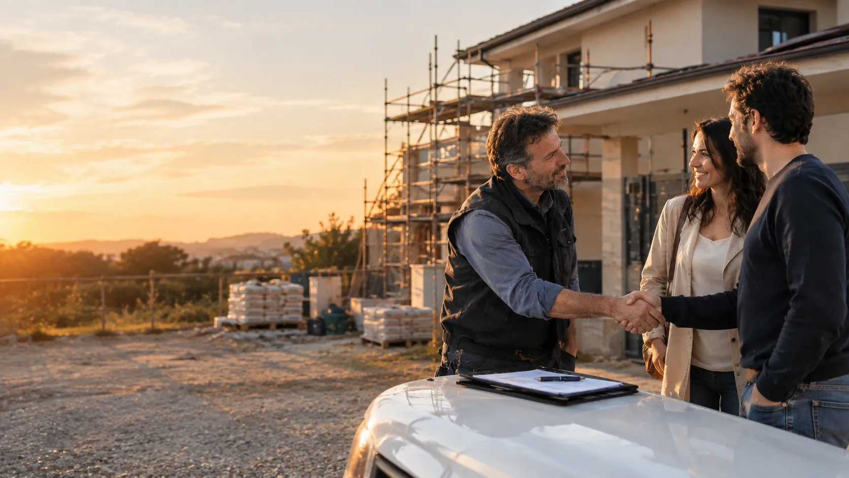 Un imprenditore edile stringe la mano a una coppia di clienti davanti al cantiere, con il contratto firmato sul cofano del furgone